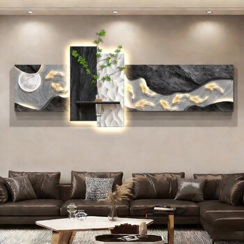 Huaixu light luxury living room sofa background painting nine fish picture wall decoration painting 2026 new hydroponic green plant mural led light e3383-shiyun nine fish total 40*120 (upper 26*40+lower 25*120) crystal porcelain scratch-resistant screen without lights three-dimensional crystal porcelain scratch-resistant crystal surface + simulated green plants + water