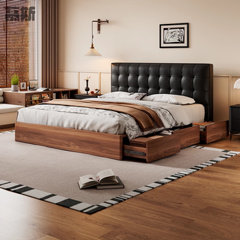 Mousse french retro storage waffle bed master bedroom leather bed italian light luxury black medieval style leather art double bed 16 rows of encrypted lattice frame leather bed 1500mm*2000mm x frame structure