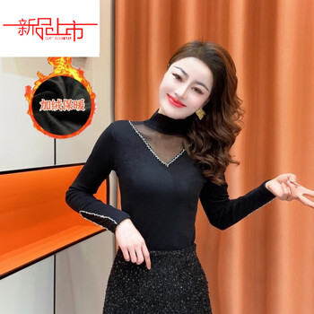 Xia dian sudian queen (se.pstp) plus velvet and thickened 2025 winter new mesh hollow hot diamond bottoming shirt half turtleneck lace top black bottoming shirt (plus velvet) this year's popular light luxury brand xs 70-80 pounds