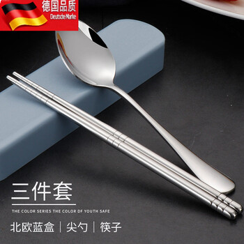 Tuojin travel student portable tableware three-piece set creative cute stainless steel chopsticks spoons and forks jelly blue box + chopsticks + sharp spoon