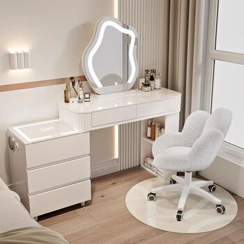 Yusenyitai small table bedroom table 80 table + cabinet + mirror + bird's nest stool assembly rw-02丨round mirror style-white丨