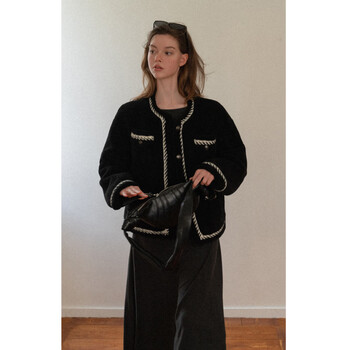 Eggka black small fragrance style woven design quilted round neck temperament loose winter jacket e25c10371bk black s