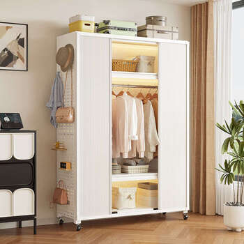 Fantasy shelf bedroom open hanger floor-standing honeycomb door storage cabinet including installation white three layers + length 140 width 50 height 160 honeycomb door