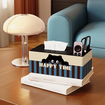 Fantasy cartoon retro tissue box living room high-end light luxury desktop new coffee table remote control multi-functional paper storage box flower-watching cute cat double grid leather model