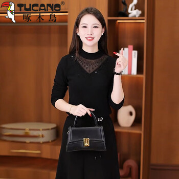 Woodpecker (tucano) velvet thickened bottoming shirt for women 2026 autumn and winter new slim fit inner versatile warm top for middle-aged mothers black without velvet m - weight 80-100 pounds