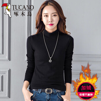 Woodpecker (tucano) velvet half turtleneck bottoming shirt for women in autumn and winter, versatile pink thickened brushed inner wear, trendy tight long-sleeved t-shirt top, black velvet xl