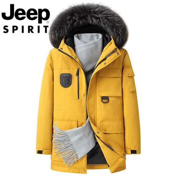 Jeep spirit international brand outdoor thickened mid-length men's down jacket duck down fur collar winter warm work jacket yellow national standard 90 duck down s