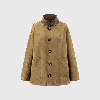 5+(fiveplus)five plus retro spliced lapel pu leather loose fashion jacket women's loose casual top light brown s (within 110 catties)