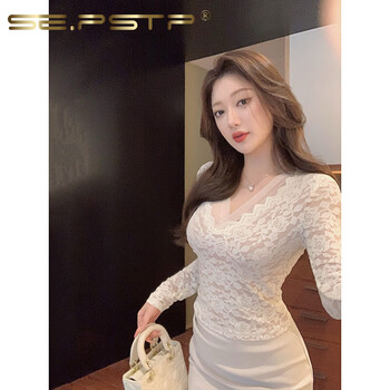 Xia dian suding queen (se.pstp) pure and beautiful white lace top for women 2026 spring and autumn light luxury, unique and unique temperament long-sleeved top, apricot top (high quality) s