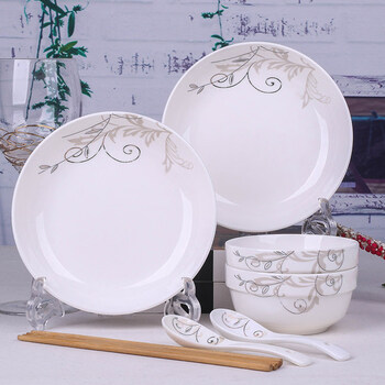 Tuojin jingdezhen ceramic bowls, plates, spoons and chopsticks set rice bowl instant noodle bowl soup bowl household plate round plate creative jinzhi 2 plates 2 bowls 2 spoons 2 chopsticks