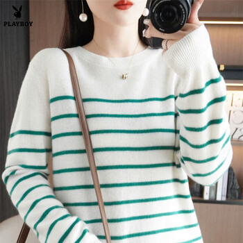 Playboy (playboy) new striped knitted bottoming shirt for women autumn and winter round neck pullover sweater loose slimming sweater color matching top official flagship green 2xl