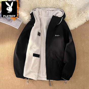 Playboy (playboy) hooded cotton jacket, trendy outdoor reversible assault jacket for men and women, windproof and waterproof mountaineering jacket 56 black hooded reversible m suitable for 90-120 pounds