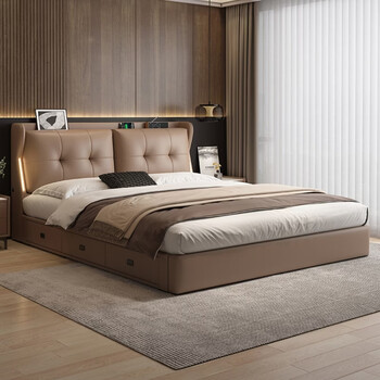 Customized first-layer cowhide bed, simple double bed with lights, master bedroom bed, high box storage bed, soft leather art bed, single bed, air pressure structure + 10cm wide steel wood bed board 1800mm*2000mm