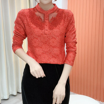 New year and new weather 2026 winter new stand collar lace temperament versatile long sleeve age reducing plus velvet bottoming shirt gray 3xl 120-130 catties