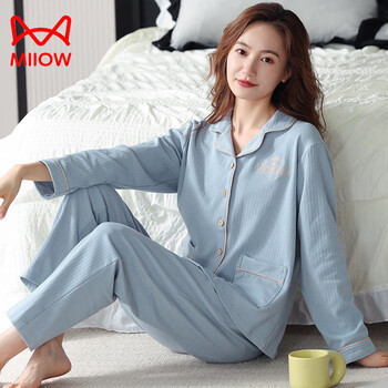 Miiow pajamas for women spring and autumn pure cotton long-sleeved 2026 new large size autumn and winter home wear set can be worn outside with a high-end feel 98151 xl recommended for 120-140 pounds