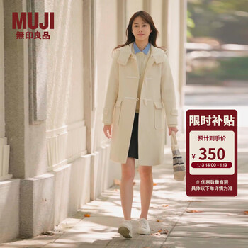 Muji women's wool blend horn button coat long hooded woolen coat autumn and winter outerwear women's off-white m (160/84a)