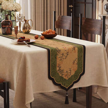 Yusenyi home dining table middle strip tablecloth tv cabinet sideboard decorative tablecloth dust-proof bunting flower field branch + ancient lotus shape c tassel rice snow velvet 30x420cm (applicable to desktop length 320+340cm