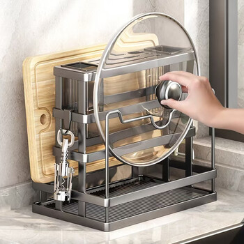 Stainless steel knife holder, chopping board, chopstick tube integrated storage rack, sticky plate knife holder - gray