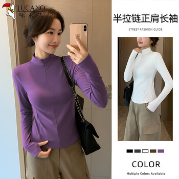 Woodpecker half-zip right shoulder bottoming shirt for women spring, autumn and winter new style plus velvet and thickened inner slim long-sleeved top purple s