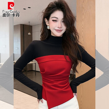 Pierre cardin french irregular red waisted bottoming shirt for women 2026 new design slim fit spliced long-sleeved top red spliced top s
