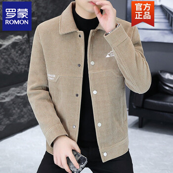 Romon new jacket men's autumn and winter corduroy plus velvet jacket, trendy, handsome, casual, versatile, loose lapel corduroy coat, khaki color, regular m, about 110 pounds