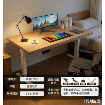 Yusenyi solid wood liftable table legs, electric lift table, computer table and chair, home office desk, workbench table, e-sports table, 3cm imported solid wood desktop, single motor, wood color, 140x70x75cm