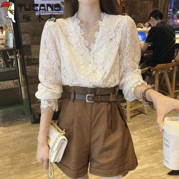 Woodpecker (tucano) french lace bottoming shirt for women in spring and autumn with hollow design, pure lusty style, long-sleeved inner layering, unique bottoming shirt, apricot l, recommended 105-120 pounds