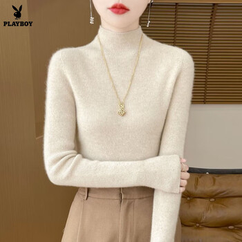 Playboy (playboy) autumn and winter half-turtle collar bottoming shirt women's sweater slim fit thick warm knitted sweater pullover sweater tight top official flagship beige xl recommended 125-135 catties