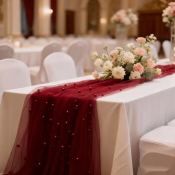 Fantasy wedding table runner tulle holiday party wedding party decoration table runner burgundy pearl mesh 2mx3m