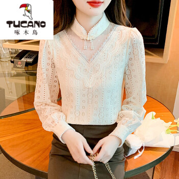 Woodpecker (tucano) lace bottoming shirt for women, spring and autumn new style, korean style, versatile, new style, fashionable temperament, large size women's hollow top, apricot m