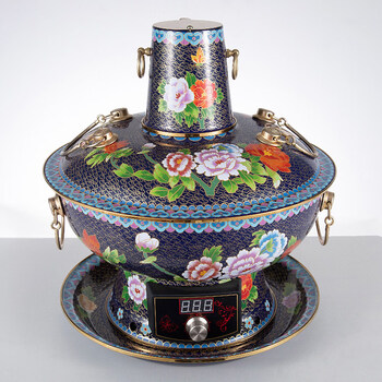Tuojin germany imported quality cloisonné copper hot pot pure copper plug-in copper hot pot old-fashioned pure copper pot household enamel wood clear soup pot (for use by less than 4 people) blue peony picture 30cm