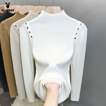 Playboy (playboy) half turtle neck sweater loose knitted sweater women's 2026 autumn and winter new style pullover style button long sleeve bottoming shirt official flagship white mall quality xl