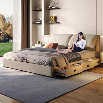 Mousse elephant ear multifunctional leather bed modern simple double bed master bedroom high box drawer storage cream style wedding bed upgraded version light luxury napa leather single bed 1500mm*2000mm x frame structure