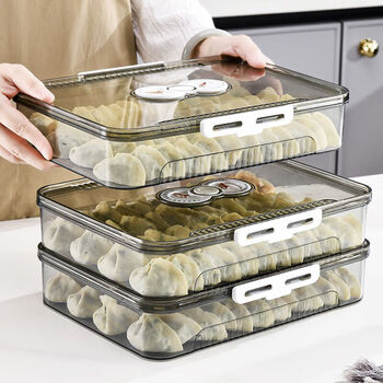 He jiagong dumpling box food-grade freezing special crisper kitchen refrigerator dumplings and wontons quick-frozen food sealed storage box transparent gray one layer and one lid can hold about 40-50 pieces
