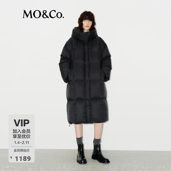 Mo&co. down jacket 90 duck down high collar hooded light warm high density anti-diamond velvet double placket mid-length moanke black m /165
