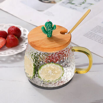 Tuojin high temperature resistant glass milk cup with lid, mug, water cup with spoon, coffee cup, couple tea cup + cactus + cactus lid + spoon (comes with coaster) 430ml