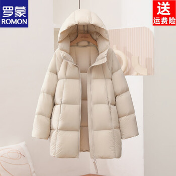 Romon 2026 new winter hot style 90 white duck down jacket women's mid-length puff thickened loose hooded jacket trendy cream gray s 90 catties to 125 catties