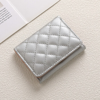 Domestic products carefully selected rhombus tri-fold wallet, korean style cute ladies card holder, fashionable embroidered thread short multi-card slot coin purse, silver embroidered thread rhombus