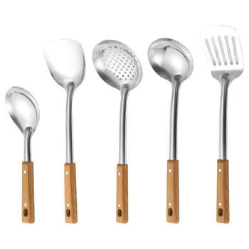 Tuojin germany imported quality kitchen stainless steel spatula thickened household long-handled kitchen utensils non-hot spoon frying spatula extra thick 5-piece set practical for the kitchen imitation wood grain anti-scalding super cost-effective