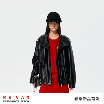 Re van rui fan designer matte texture dropped shoulder slightly expanded body pu leather jacket rk10110128 black xs /34