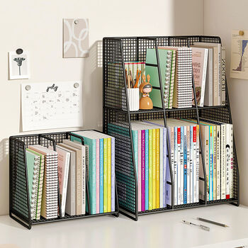 Fantasy desktop bookshelf student storage and organizing rack for books and documents on desk stand gold list title + double layer medium recommended for primary school students (can hold about 60 books)