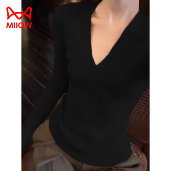 Miiow solid color v-neck knitted bottoming shirt for women in autumn and winter new inner sweater pure desire slim fit versatile long-sleeved top black one size fits all recommended 80-120 pounds