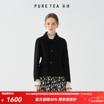 Pure tea intelligent bath style puretea pure tea sheep wool bow lapel buttoned jacket 25 new autumn graphite black s