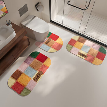 Fantasy bathroom non-slip floor mat, washable and wipeable diatom mud absorbent mat, bathroom toilet foot mat, bathroom door, plush color grid a1a2a340cmx60cm bathroom three-piece set