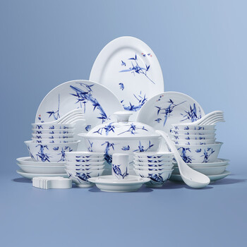 Jingdezhen (jdz) ceramic tableware set with glaze color household blue and white bowls and plates complete set chinese style simple new year housewarming gift rich bamboo