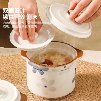 Tuojin丨ceramic stew pot with lid and water-proof stew pot for one person, small crock pot soup stew pot, dark blue stew pot 500, dark blue stew pot, double lid design, inner lid 500ml