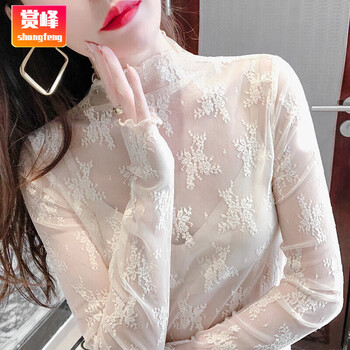 Shangfeng white half-turtle collar lace bottoming top for women summer thin style with fungi large size sexy hollow mesh top apricot l