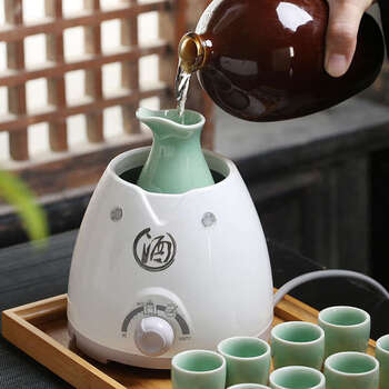 Yusenyi electric wine warmer temperature control home fashion retro ceramic wine pot white wine yellow wine tray wine set electric heat control wine warmer + 250ml plum green big belly pot with 8 cups + tray