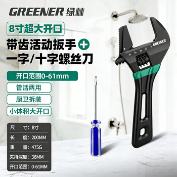 Greener large-opening adjustable wrench household short-handled live wrench small space bathroom special black with teeth 8 inches