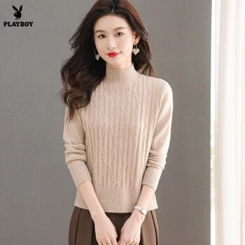 Playboy (playboy) autumn and winter 2026 new women's half-high collar solid color jacquard loose and versatile versatile pullover knitted bottoming top official flagship off-white xl recommended 110-120 pounds